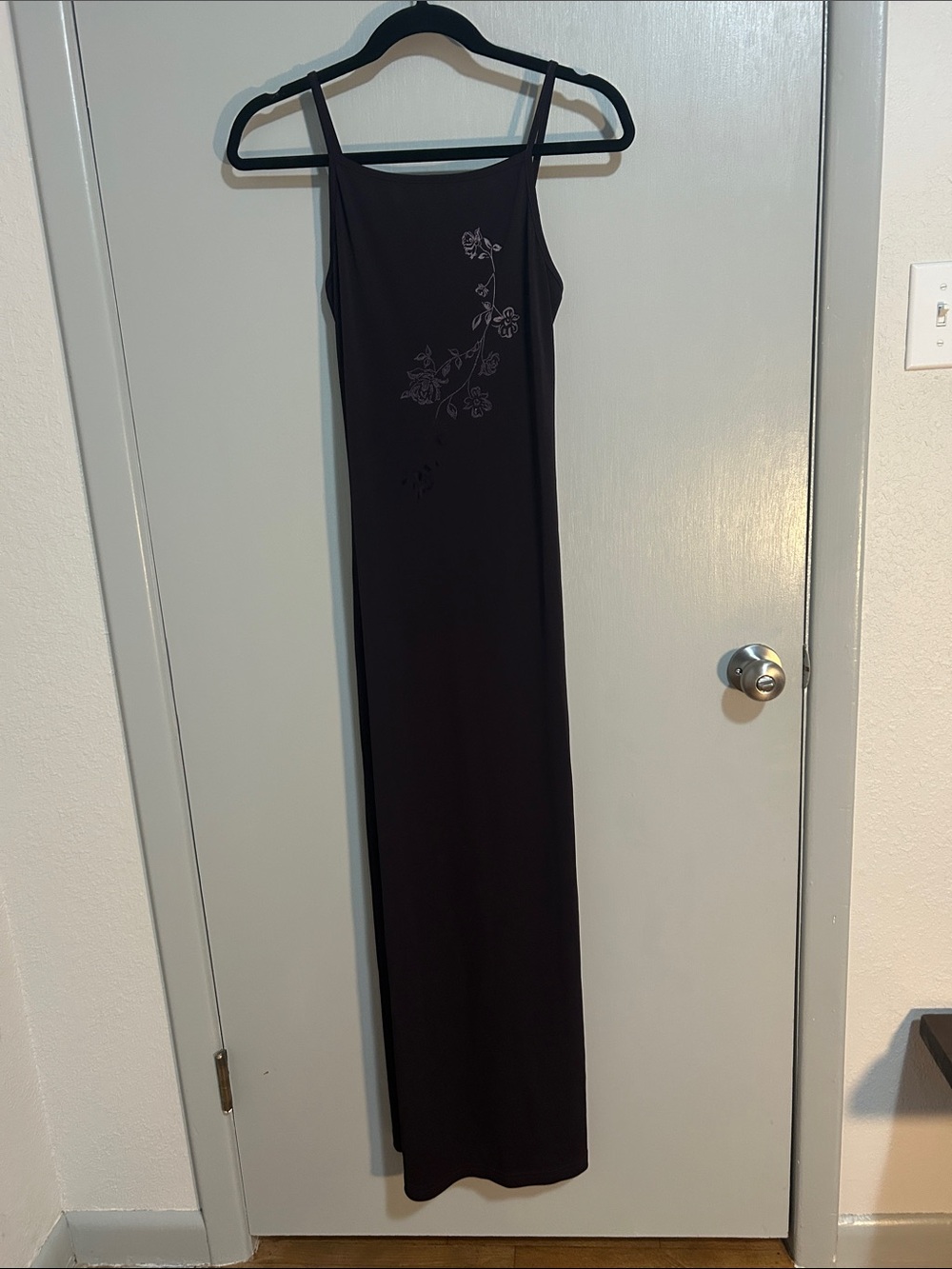 Purple Slip Maxi Dress — Women's Elegant Evening Dress with Velvet Floral Detail